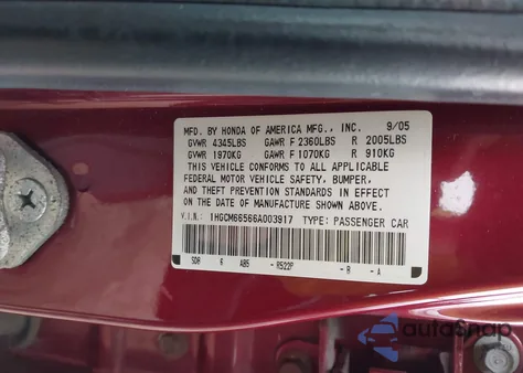 2006 Honda Accord 3.0 Ex из США, поврежденный, VIN 1HGCM66566A003917